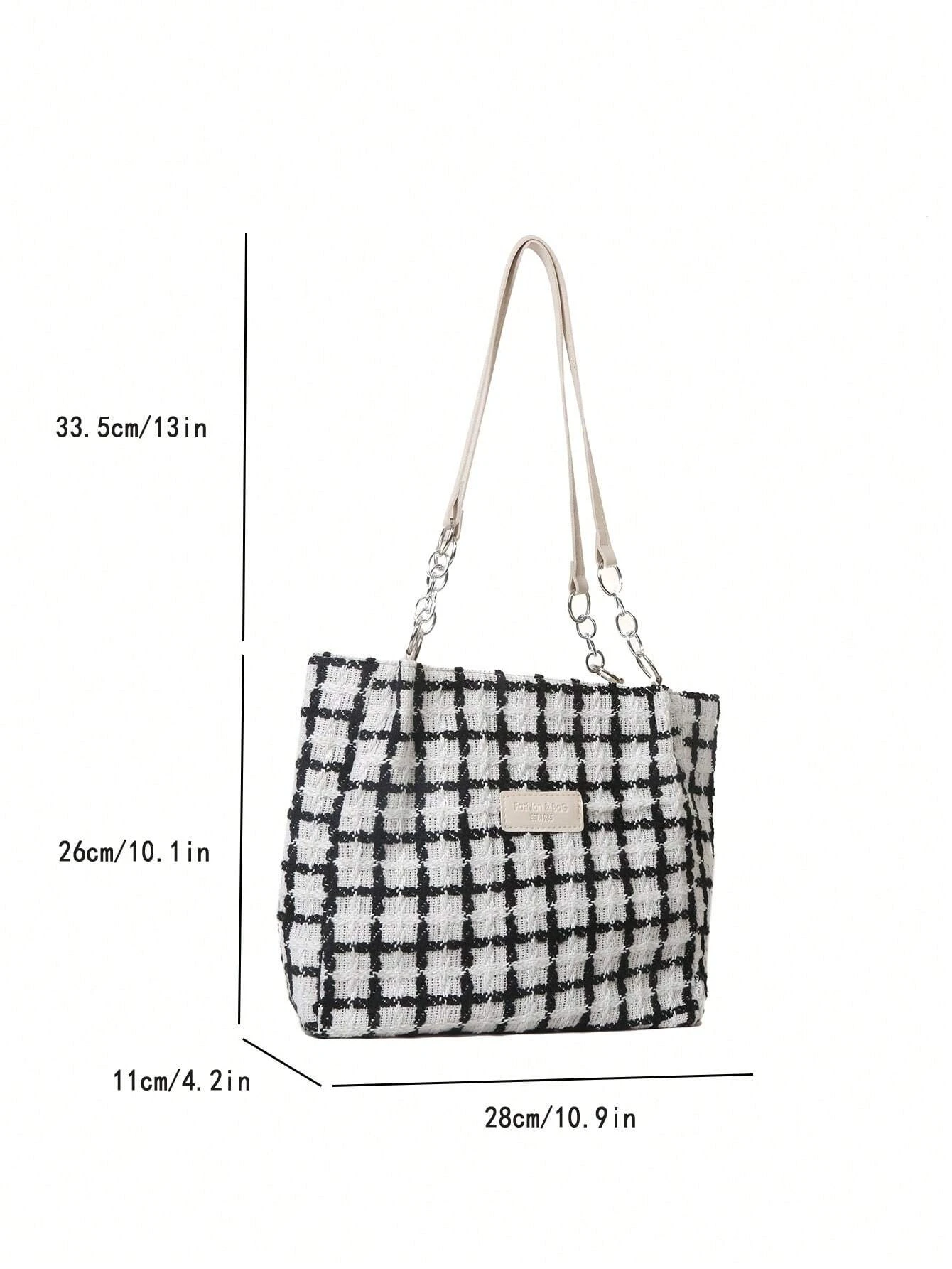 Tweed Black And White Two-Color Plaid Handbag Simple Leisure Zipper Opening Shoulder Bag For Women Fashionable Tote Bag