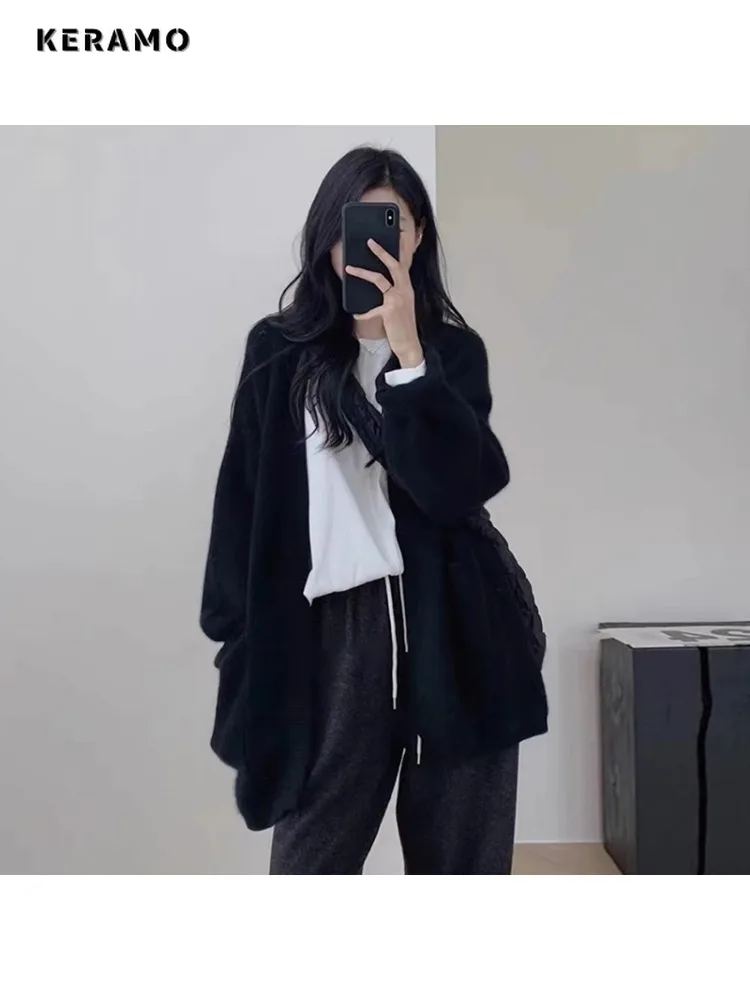 Casual Single Breasted Sweater Women Knitting Solid Oversized Jumpers Vintage Fashion Long Sleeve V-neck Loose Fit Cardigans