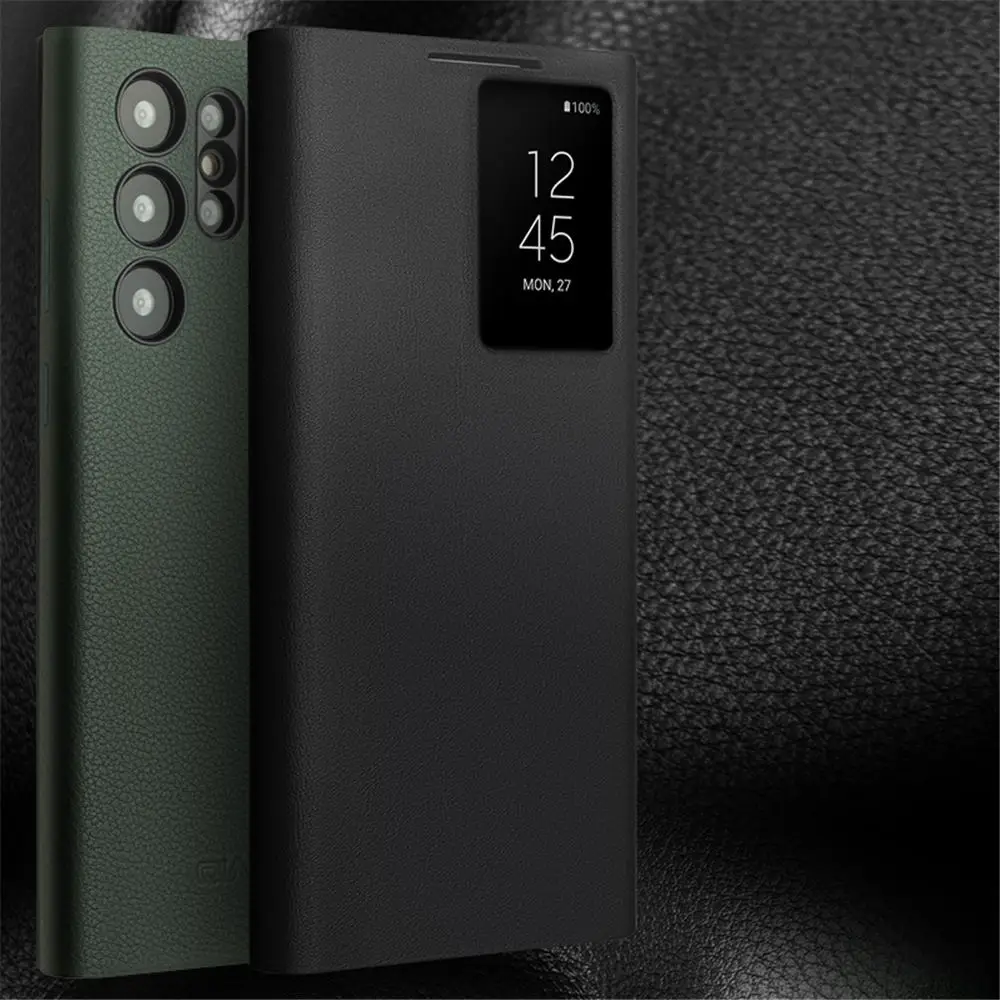 

Genuine Cowhide Leather Card Slot Case for Samsung Galaxy S23 S24 Ultra Smart Window View Cover