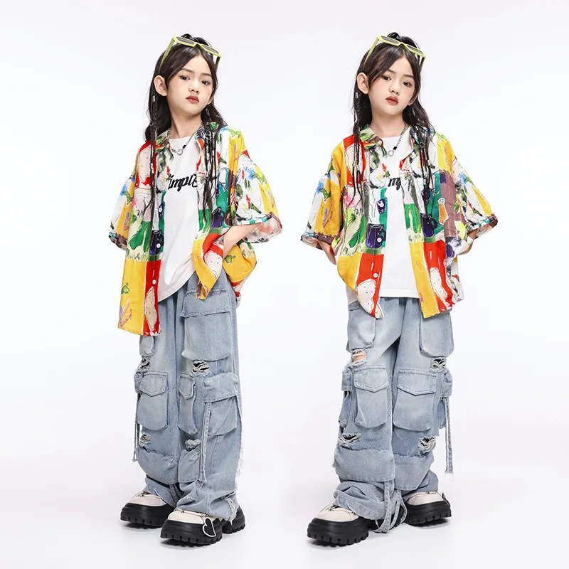 طفل Kpop الهيب هوب الملابس الأصفر طباعة قميص الدنيم الأزرق عادية المتعثرة البضائع الجينز السراويل لفتاة صبي أزياء رقص الملابس