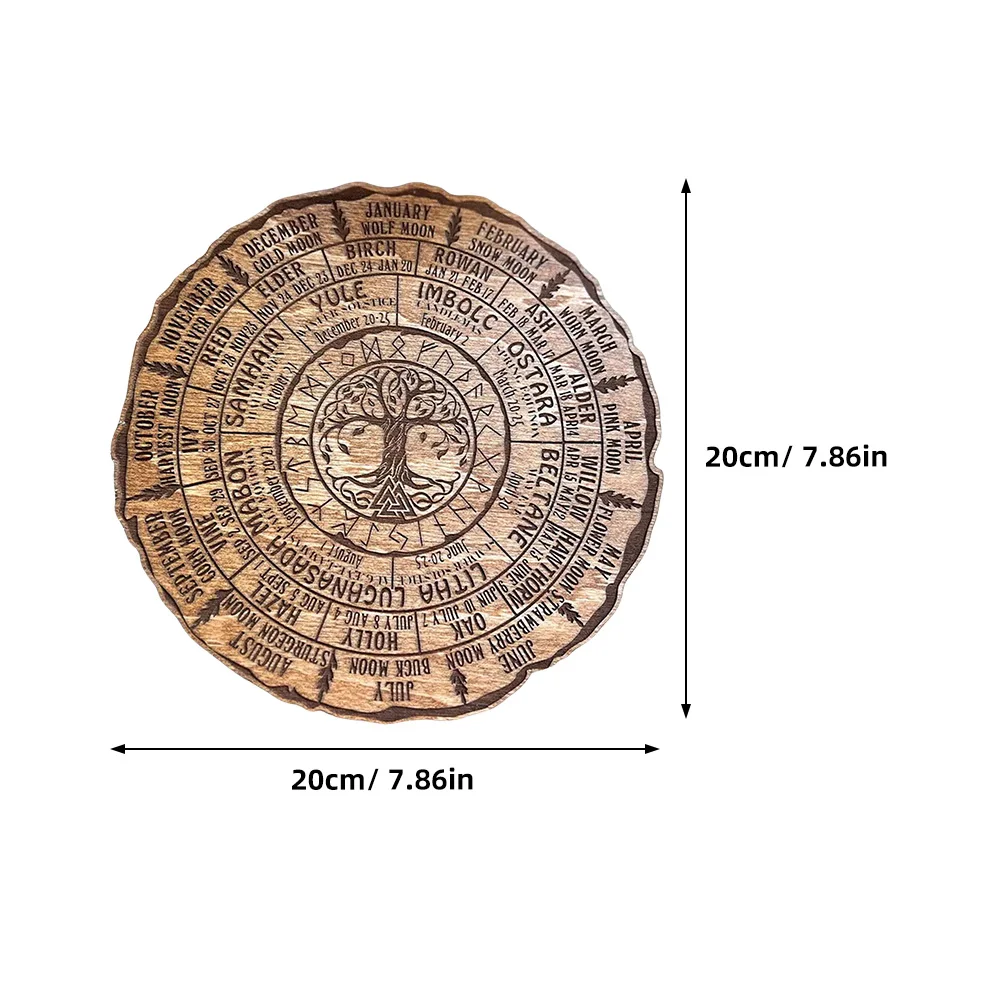 Wicca Wooden Calendar Round Vintage Handmade Celestial Sign Wheel of The Year Calendar Ornament Sabbats Pagan Witch Sign