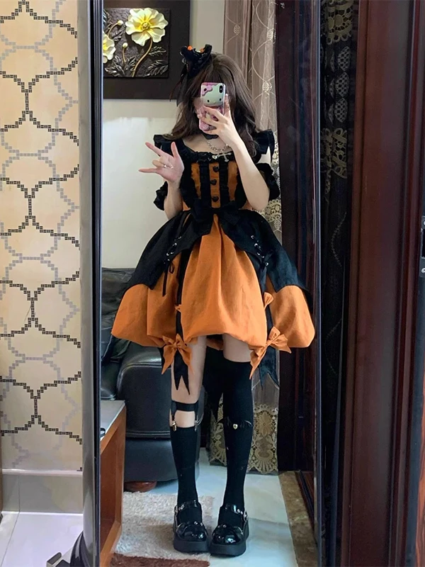 

Юбка Лолиты сладкого цвета тыквы, Хэллоуин, тема тыквы, маленький костюм ведьмы, пышная юбка, комплект ханьфу для женщин, осень 2025 г.