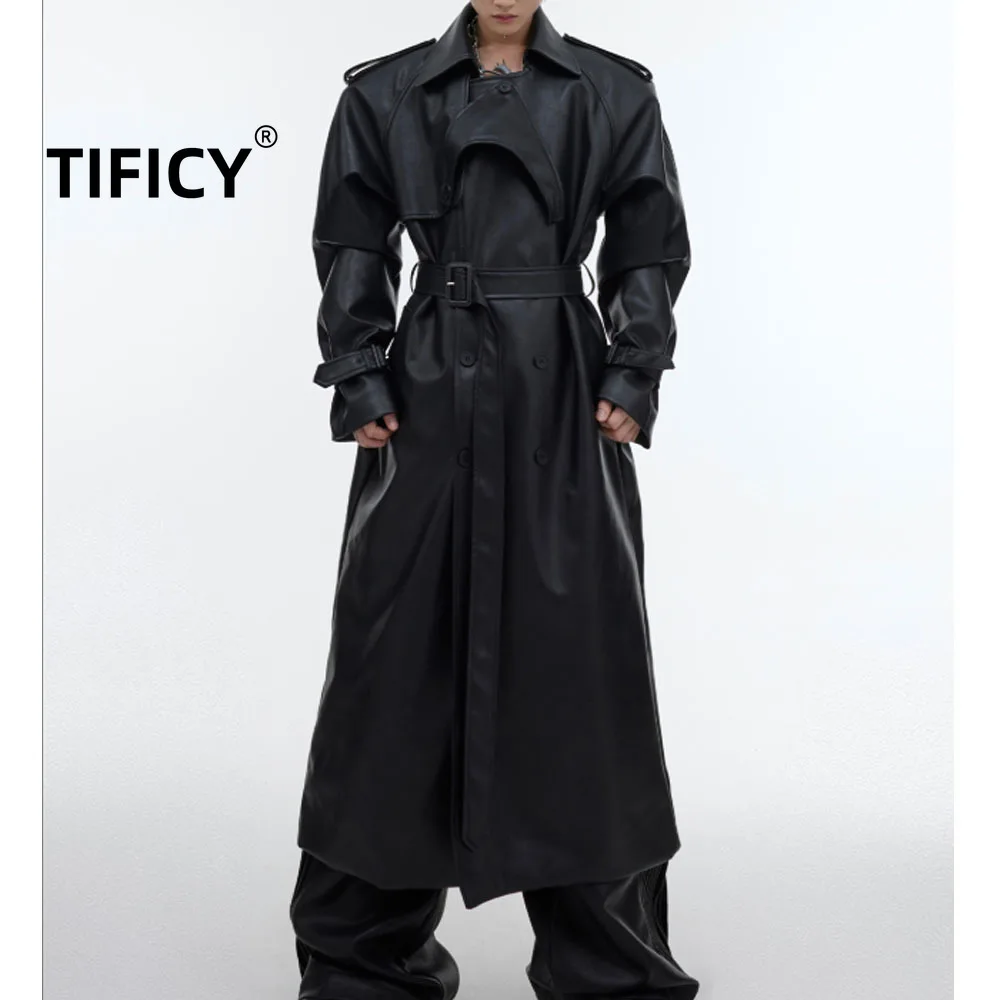 

Deconstructing Segmented Shoulder Pad Silhouette PU Leather Coat Men's Three-dimensional Splicing Long Over The Knee Trench Coat