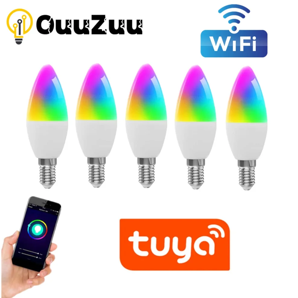 Wifi Smart Light Bulb E14 Candle Lamp RGB+CW+WW 9W Tuya Smart Life APP Voice Control Compatible Alexa Google Home Dimmable