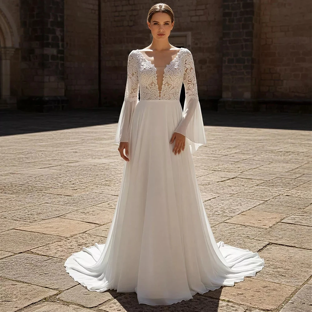 

Bohemian White Flare Sleeves Chiffon Wedding Dress Customized High Quality Women Lace Deep V-Neck Bridal Gows with Sweep Train
