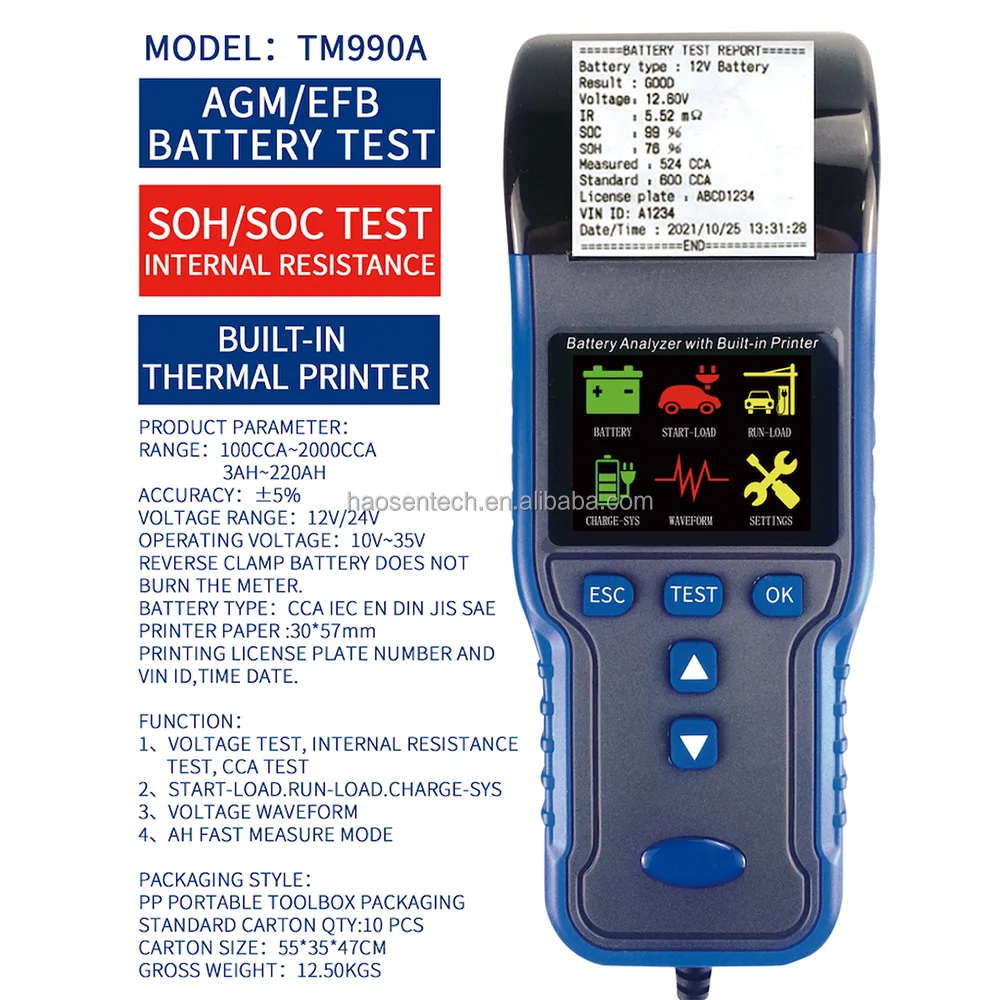 Battery Tester Analyzer with Printer 100~2000 CCA Battery Auto Cranking and Charging State Tester 12V/24V Car Batter Analyzer,