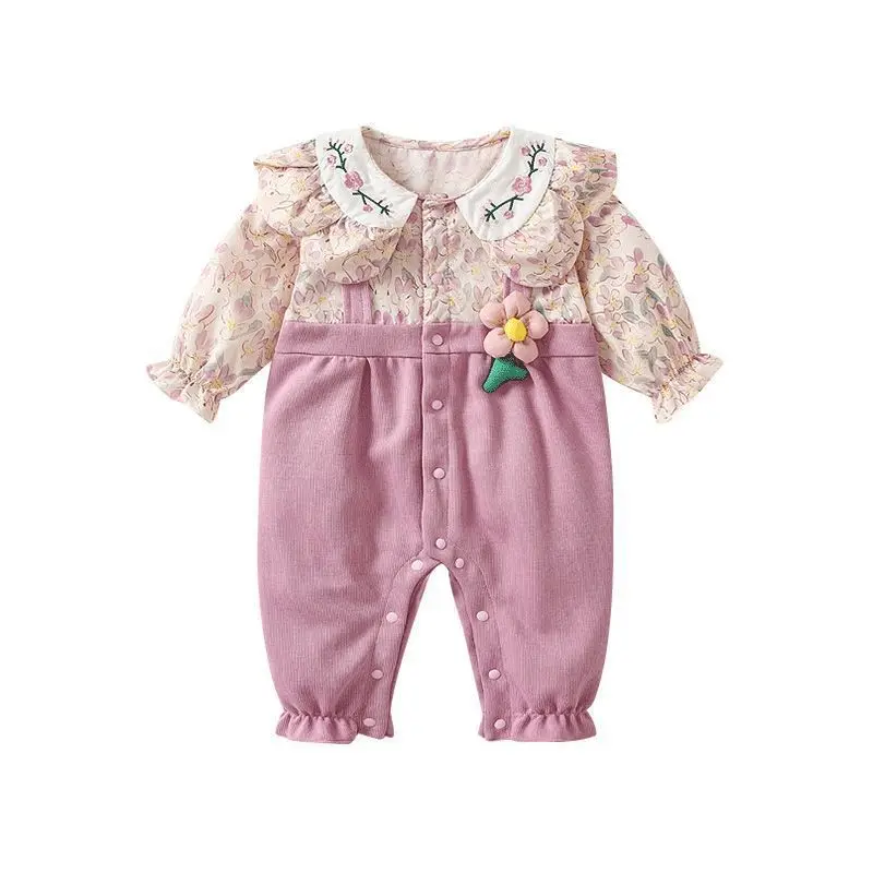 MILANCEL New Autumn Baby Girls Clothes 0-2Y Infant Sweet Embroidery Peter Pan Collar Romper Floral Patchwork Princess Jumpsuit