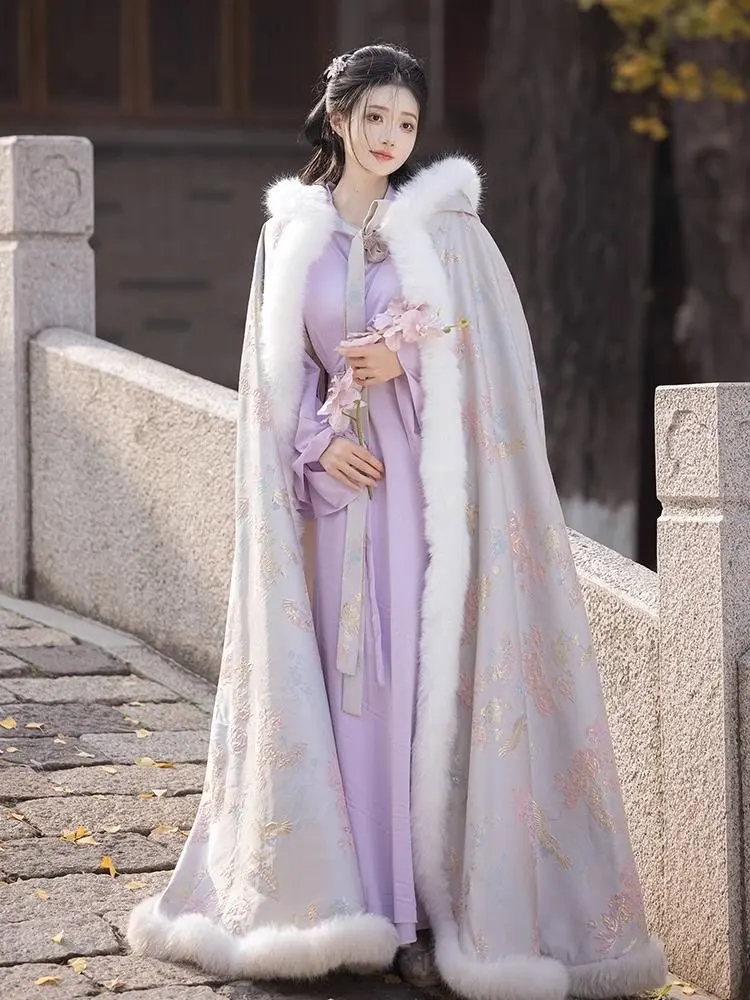 

Женский зимний плащ-накидка Ханьфу с флисовой подкладкой, утолщенный, с капюшоном, в китайском стиле династии Тан, винтажный, для женщин