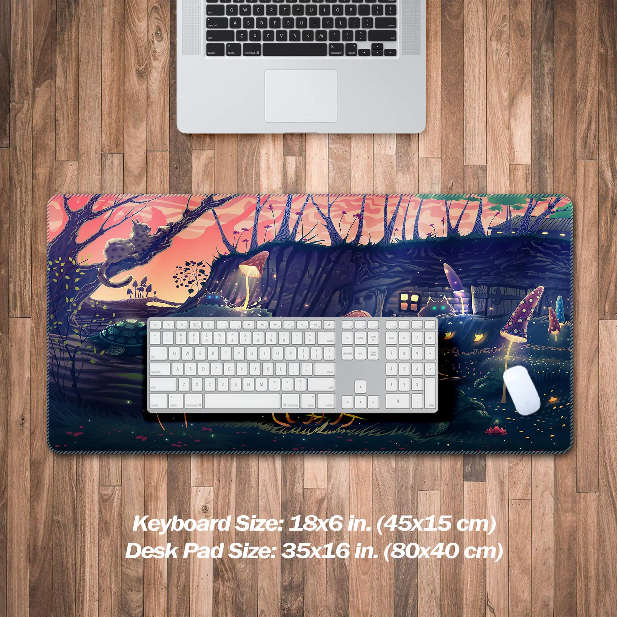 XXL Cute Desk Pad with Night View of The Forest,neon Mushroom Keyboard Mat,fantastic Deskmat,cute Desk Décor,gift for Gamer