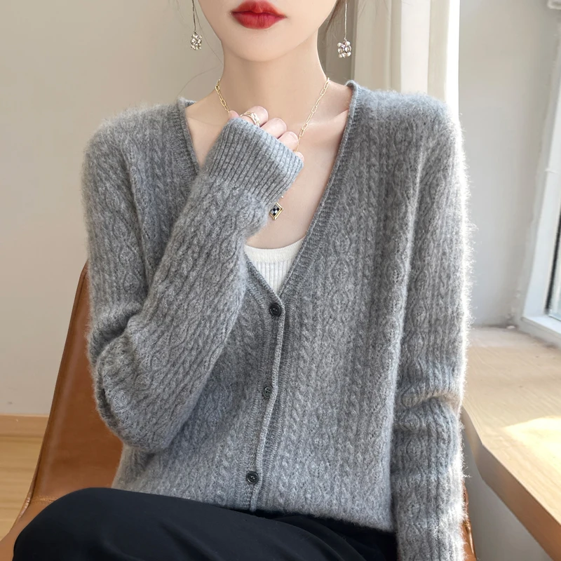 New hot selling women's V-neck cardigan sweater, hollowed out knitted solid color exquisite coat, women's long sleeved sweater