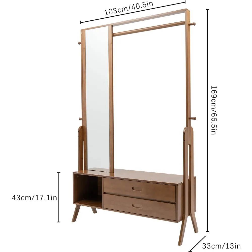 Bamboo Garment Rack with Mirror and Drawer,Freestanding Closet Organizers,Coat Rack, Open Wardrobe for Entryway