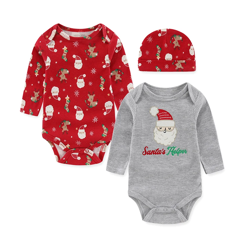 Baby Girl Christmas Outfits Cartoon Print Newborn Clothes Set 2-Pieces Long-Sleeved Bodysuits with Hat Suit Infant Boy Clothing