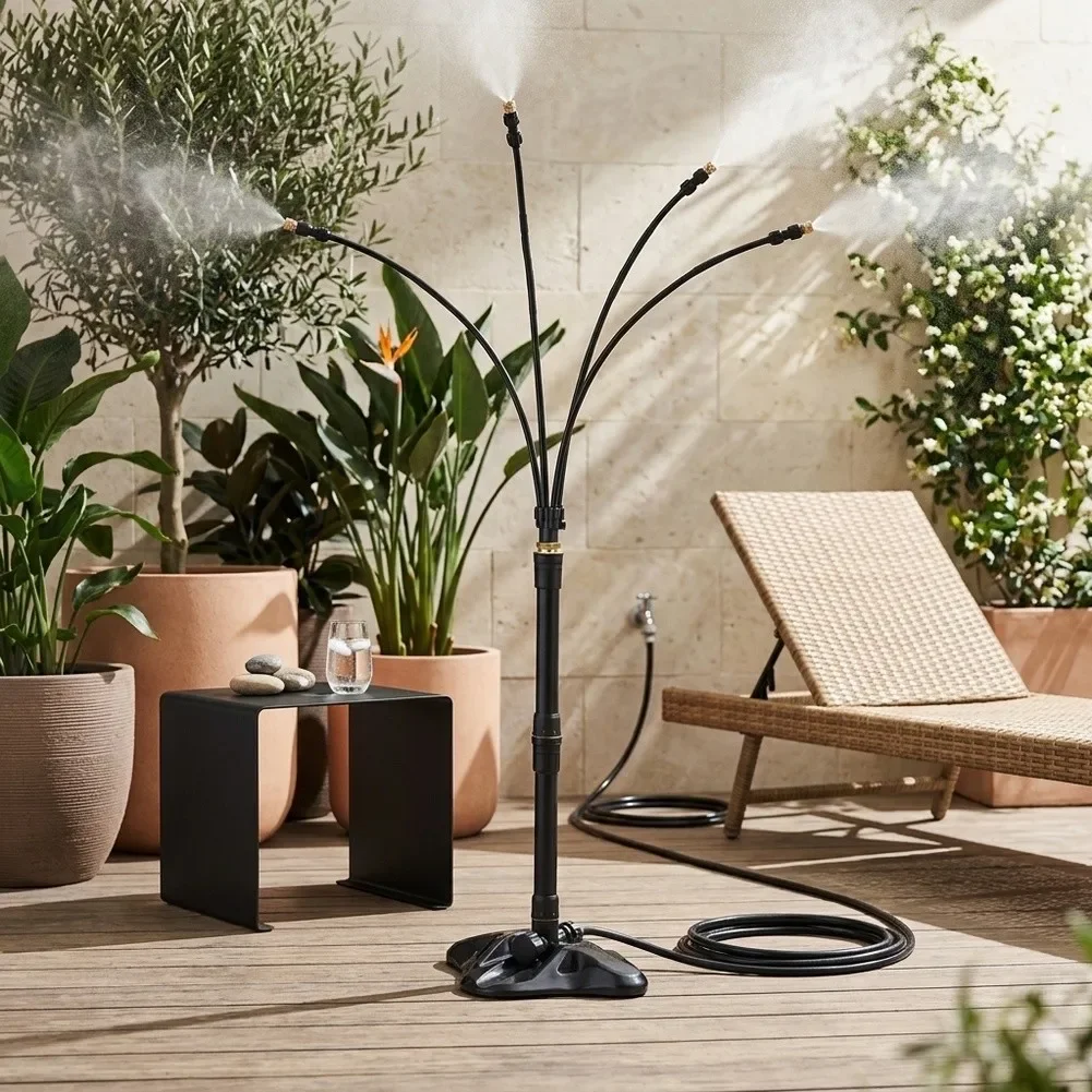 Adjustable Height Outdoor Misting Cooling System with 26 2FT Hose and Flexible Spray Tubing for Garden and Patio Use