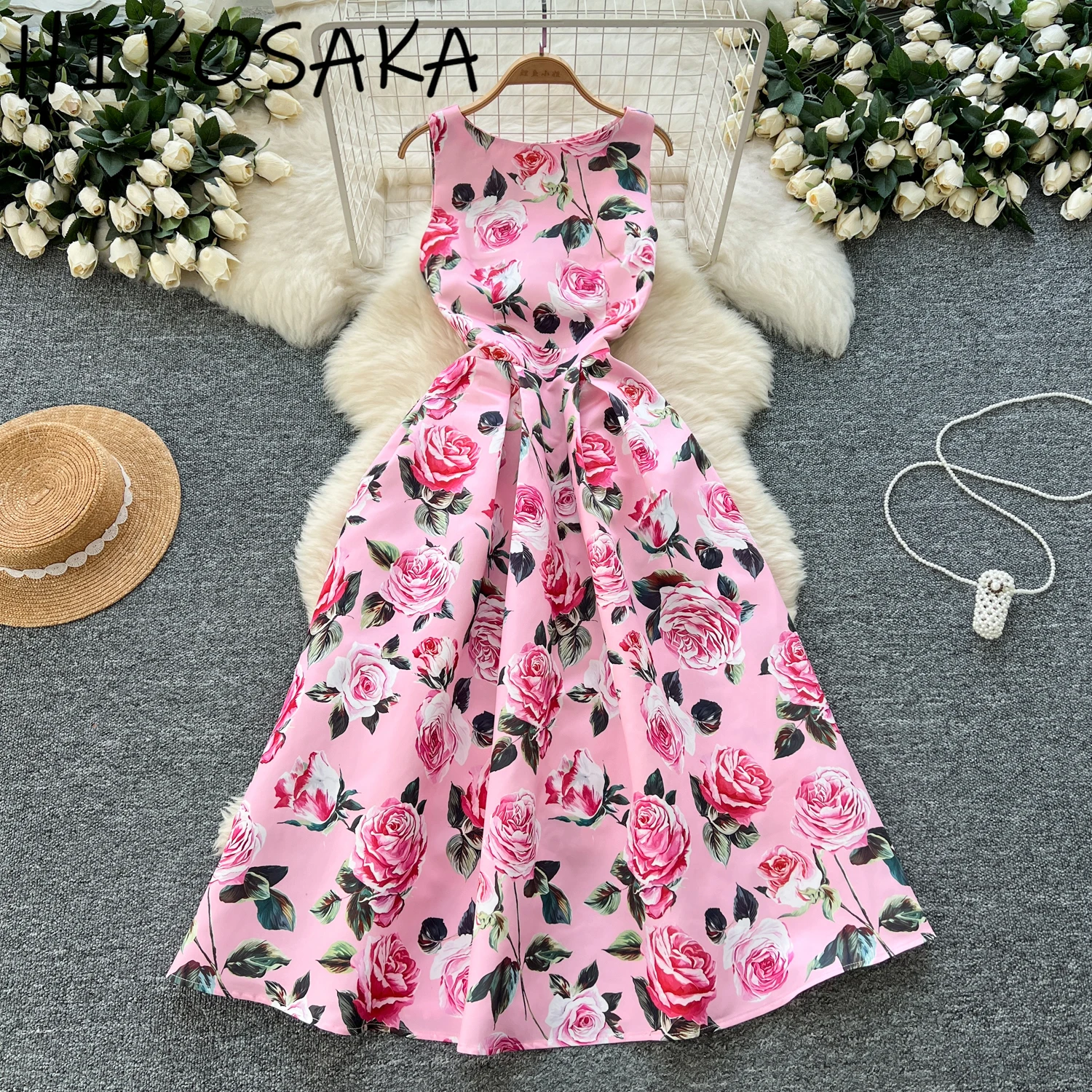 

Fashion Elegant Gown Ball Party Dress Retro Floral Print O-neck Sleeveless Robe All-match Sweet Vestidos Mujer 2025 New Clothes