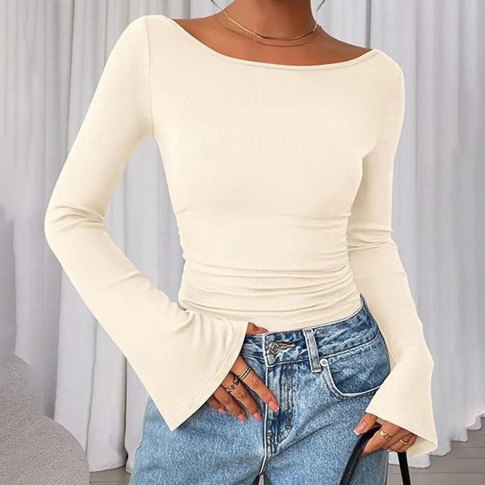 Slender Fit Women's Boat Neck T-Shirt with Flare Long Sleeves Solid Color Casual Top Suitable for Layering and Daily Use