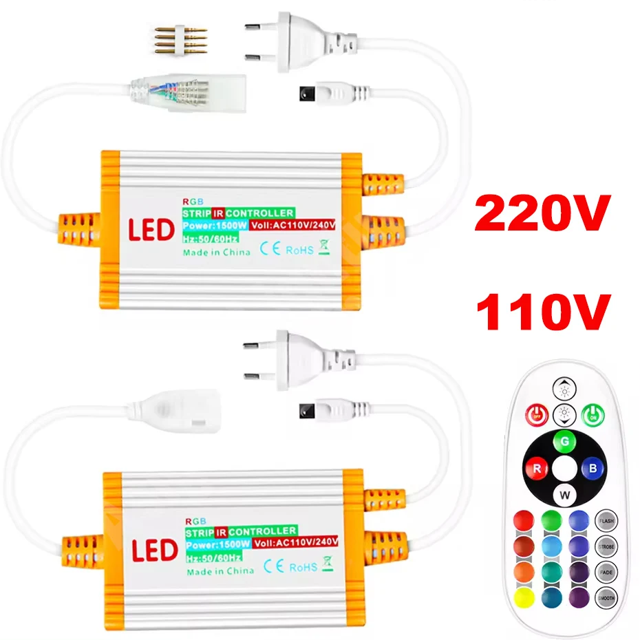 110V 220V 1500W Waterproof Controller for RGB Led Strip Light 1m-100m EU plug Power Supply Adapter with 24Keys Remote Control