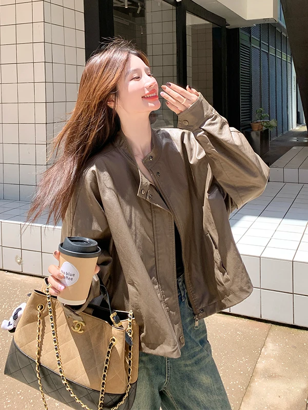 세 브라운 스탠드 칼라 PU 가죽 재킷 여성용 봄 가을 2025 신상 소형 고급스러운 느낌의 모터사이클 가죽...