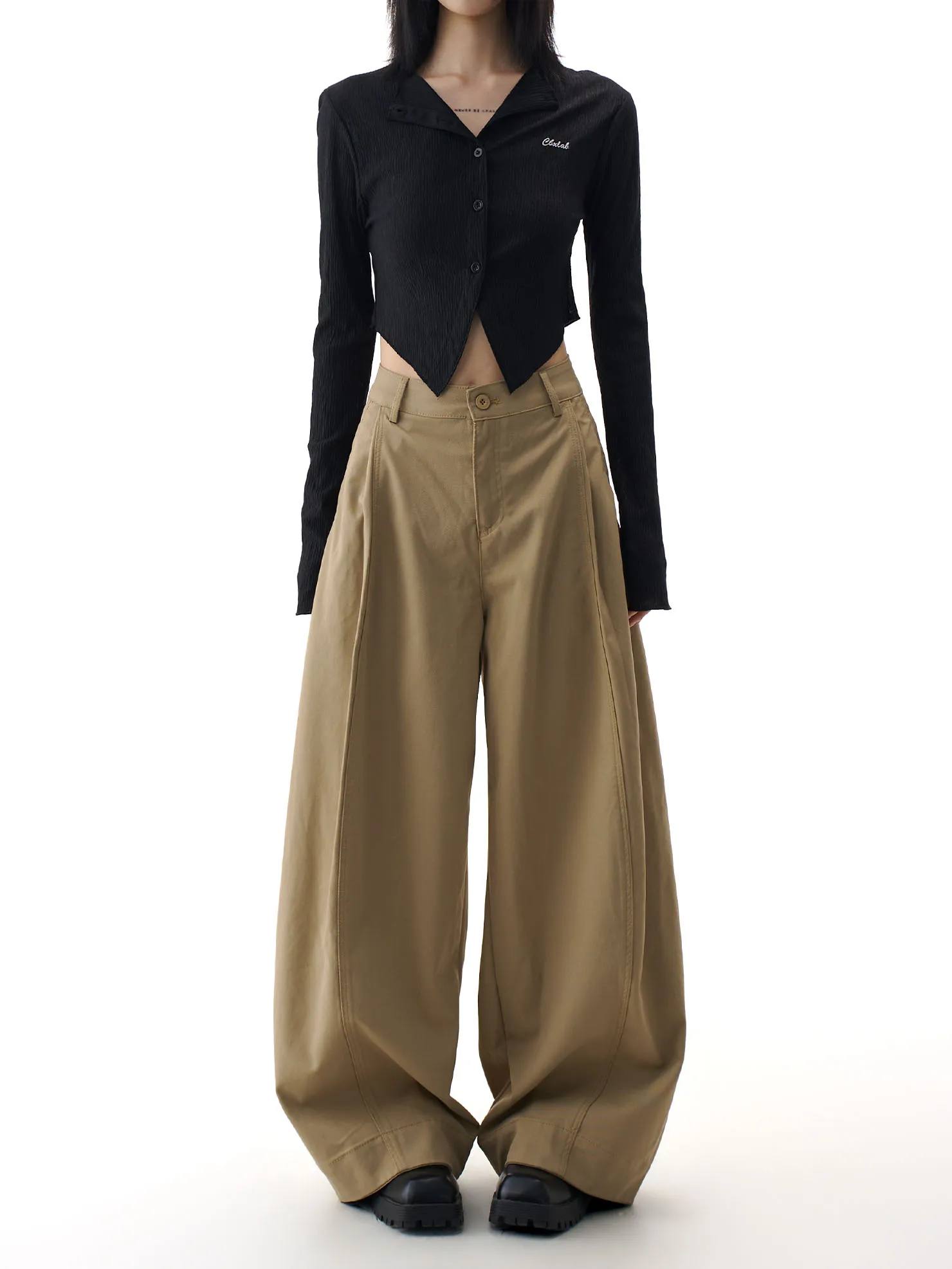 

Khaki Wide Leg Casual Pants Women's Loose Straight Loose Dra Pants Spring New Lazy Sle Slimming High Waist Zipper
