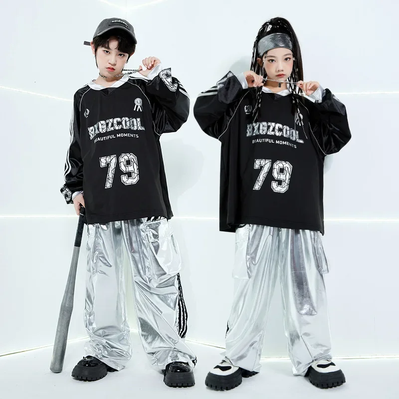 

Street Dance Kids Hip Hop Clothing Girls Boys Black Long Sleeves T Shirt Silver Pants Casual Rave Clothes Loose Practice Wear