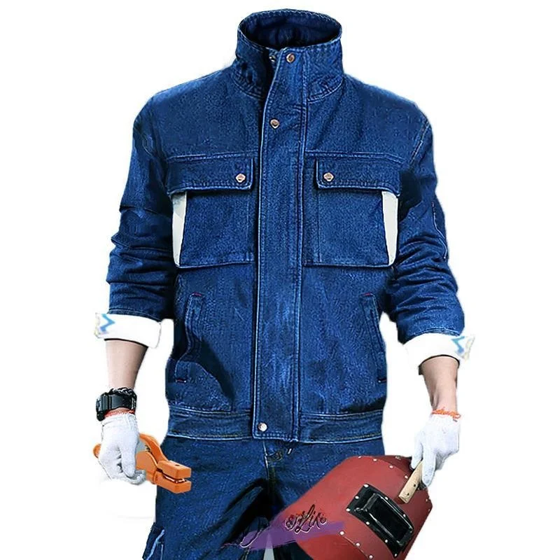 طقم عمل رجالي من القطن الخالص للربيع والخريف، مقاوم للاهتراء، ياقة واقفة، دينيم، مضاد للحروق، للعمال المحترفين.