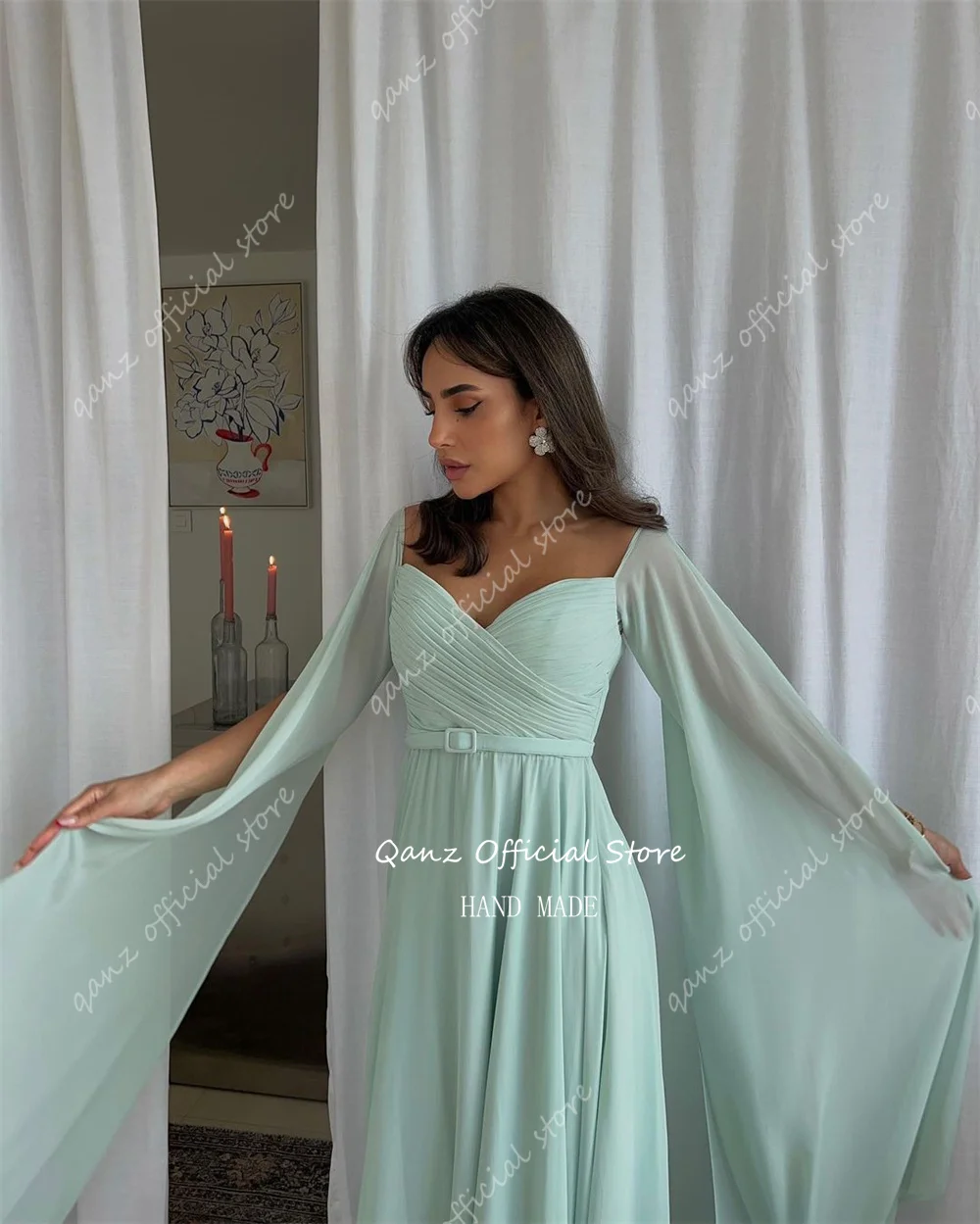 Qazn Lady Evening Dresses Chiffon Shawl Cape Sleeves Vestidos Formais Elegantes Long A Line Belt Backless Vestidos De Festa 2024