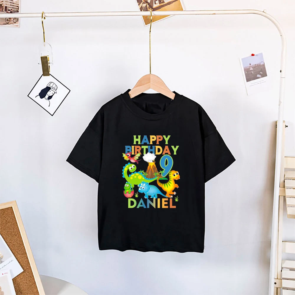 Personalized Custom Name Kids Birthday Number 2-9 Cartoon Dinosaur T Shirt Children Happy Birthday Fashion Boys Girls Tees Gifts