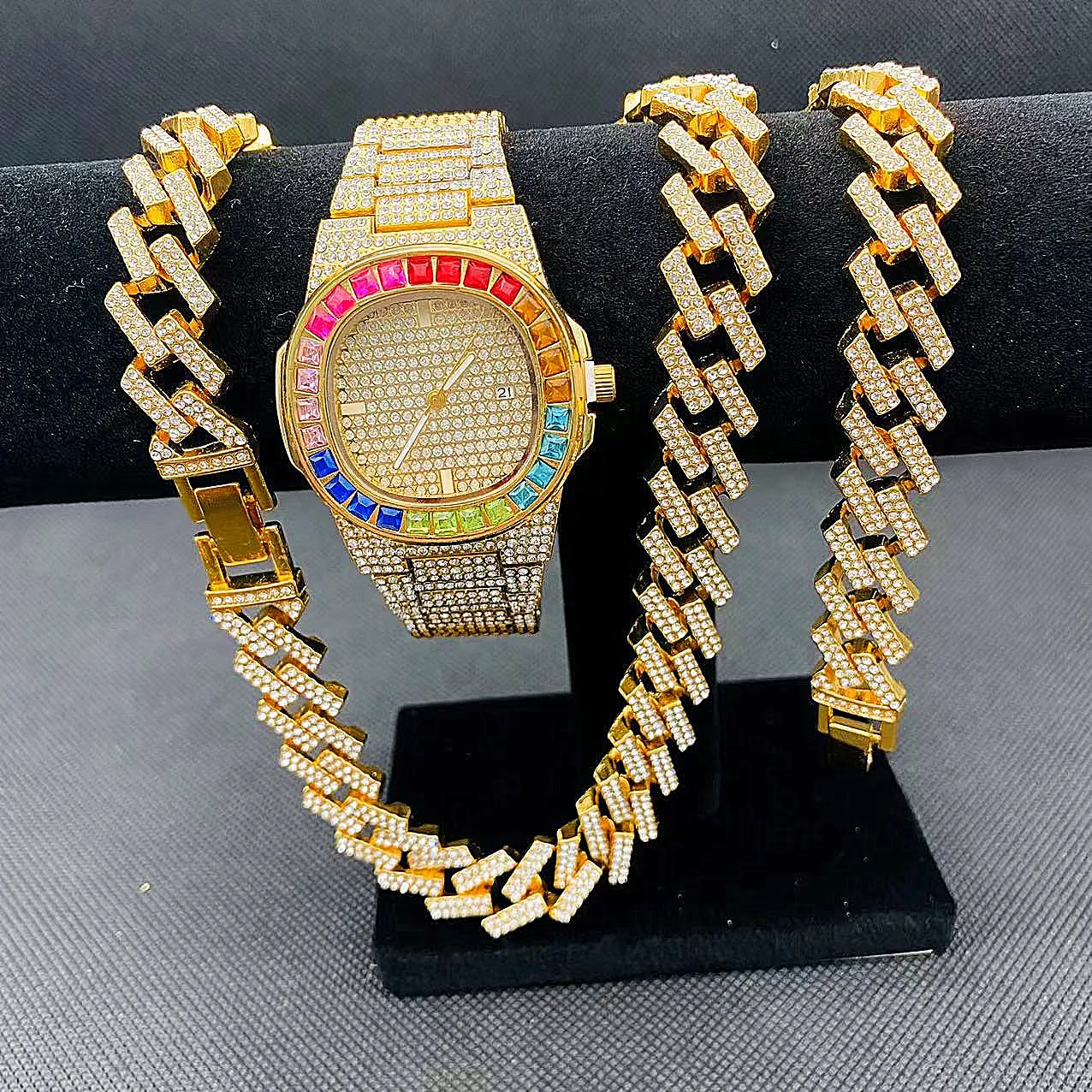 3PCS Mens Hip Hop Jewelry Set Iced Out Watch Necklace Bracelet Bling Diamond Miama Cuban Chains Women Gold Couple