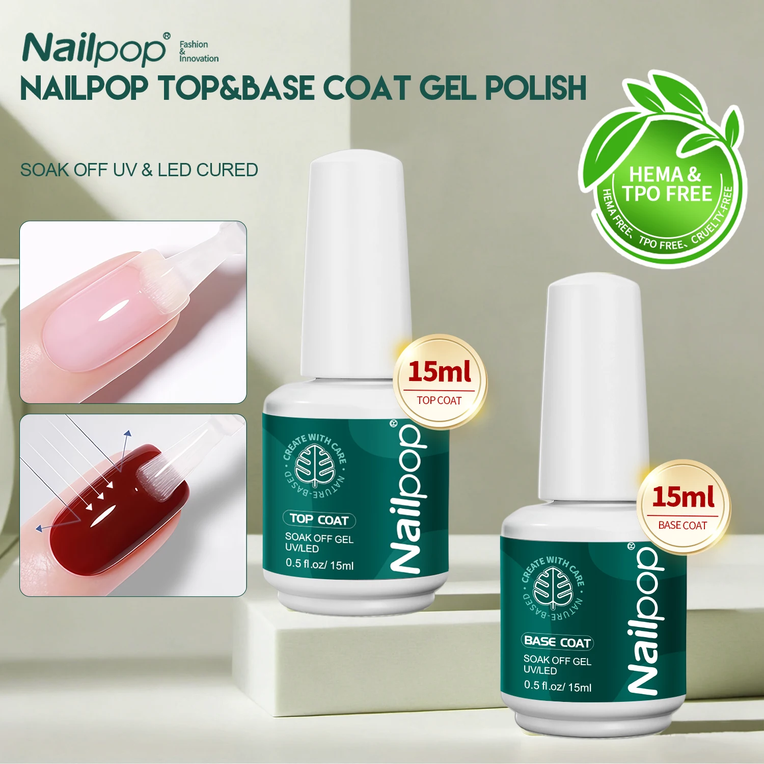 Nailpop HEMA/TPO Free Top Base Coat Gel Polish Kit 2 قطعة 15 مللي واضح نقع قبالة UV/LED علاج قوي طويل الأمد مانيكير أساسي #1