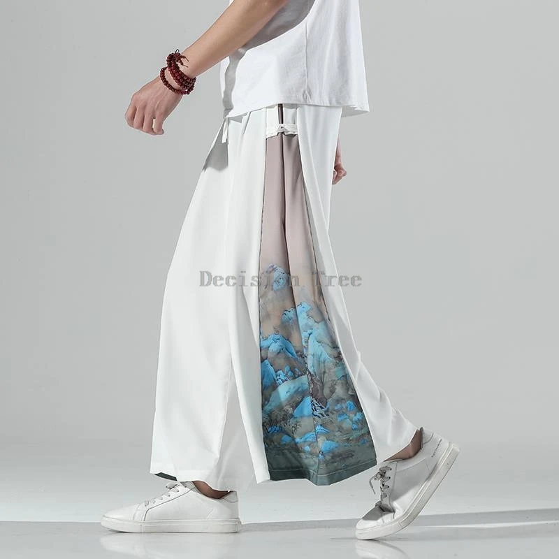 2024 chinese antique style ink printing patchwork hanfu pants loose leisure men wushu pants new retro fashion versatile trousers