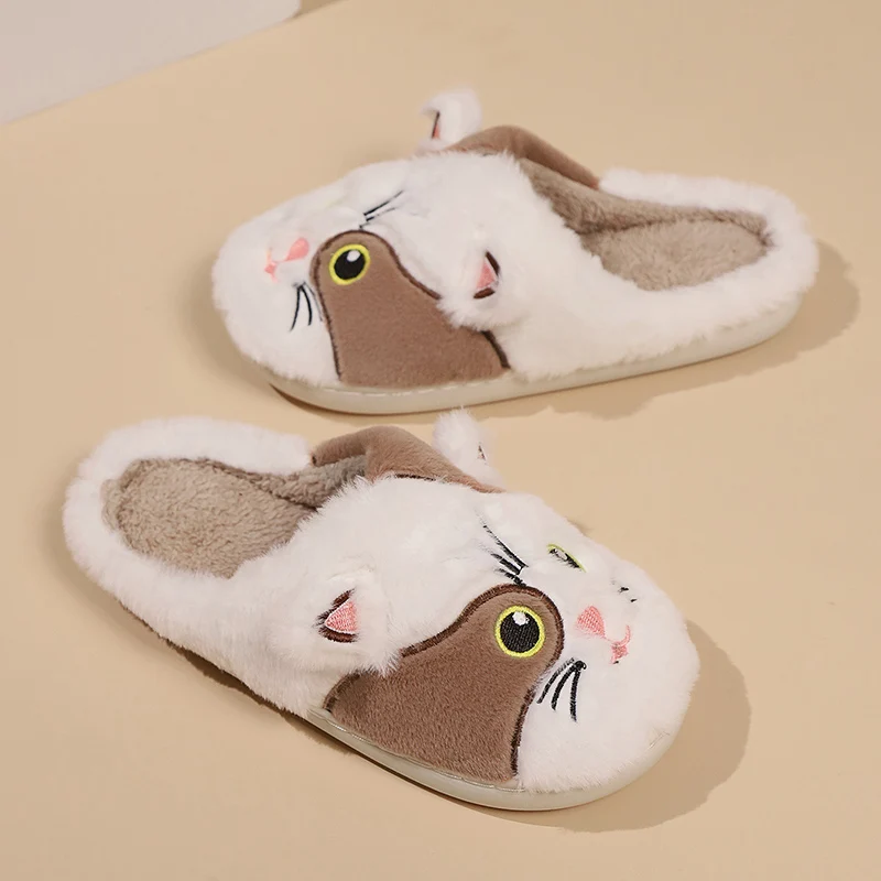 New Winter Women Cartoon Cat Plush Slippers Non Slip Soft Indoor Home Slippers Woman Lightweight Flat Heels Bedroom Floor Shoes