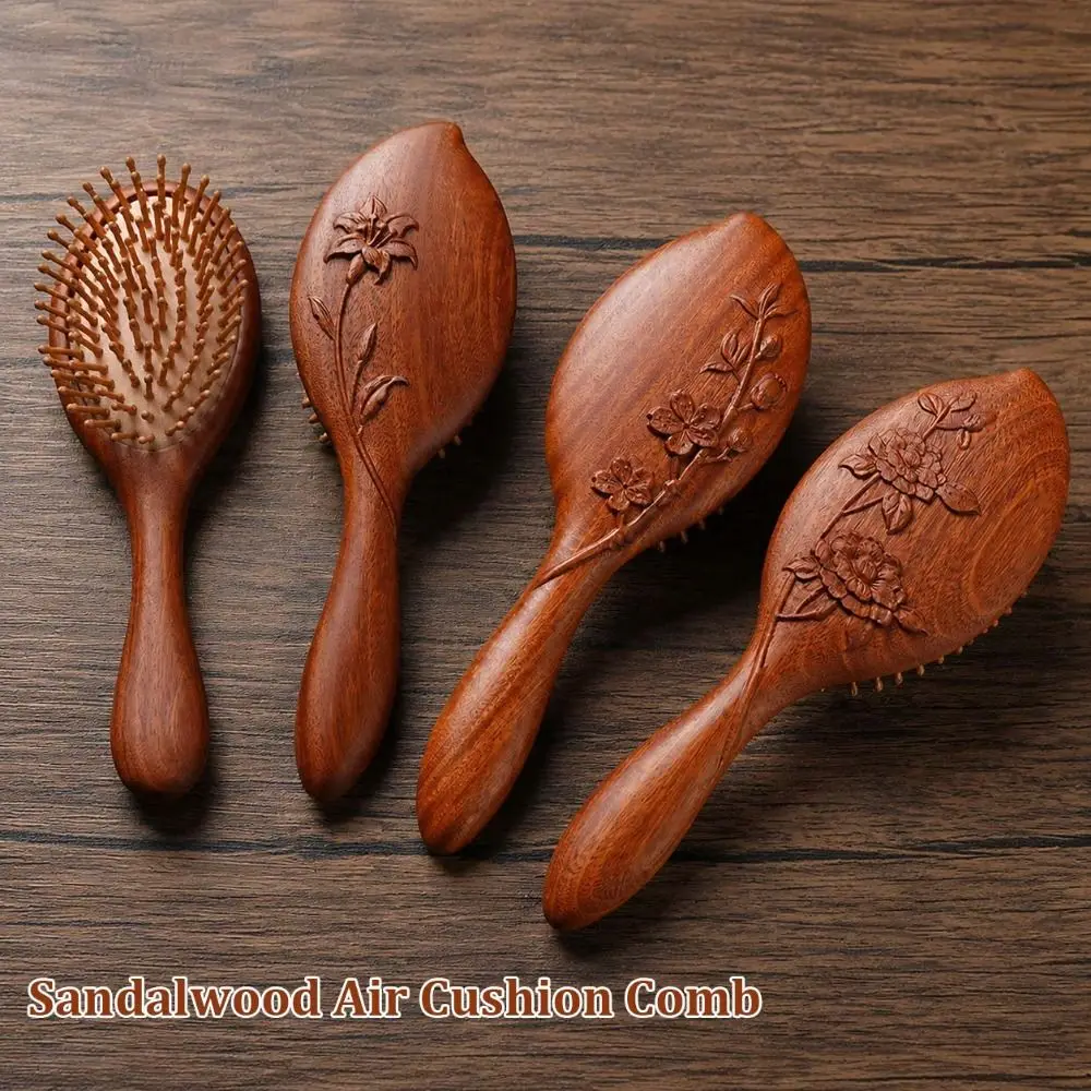 Scalp Meridians Relaxation Sandalwood Comb Round Teeth Hair Brush Air Cushion Comb Natural Hand Carved Hairbrush Styling Brush