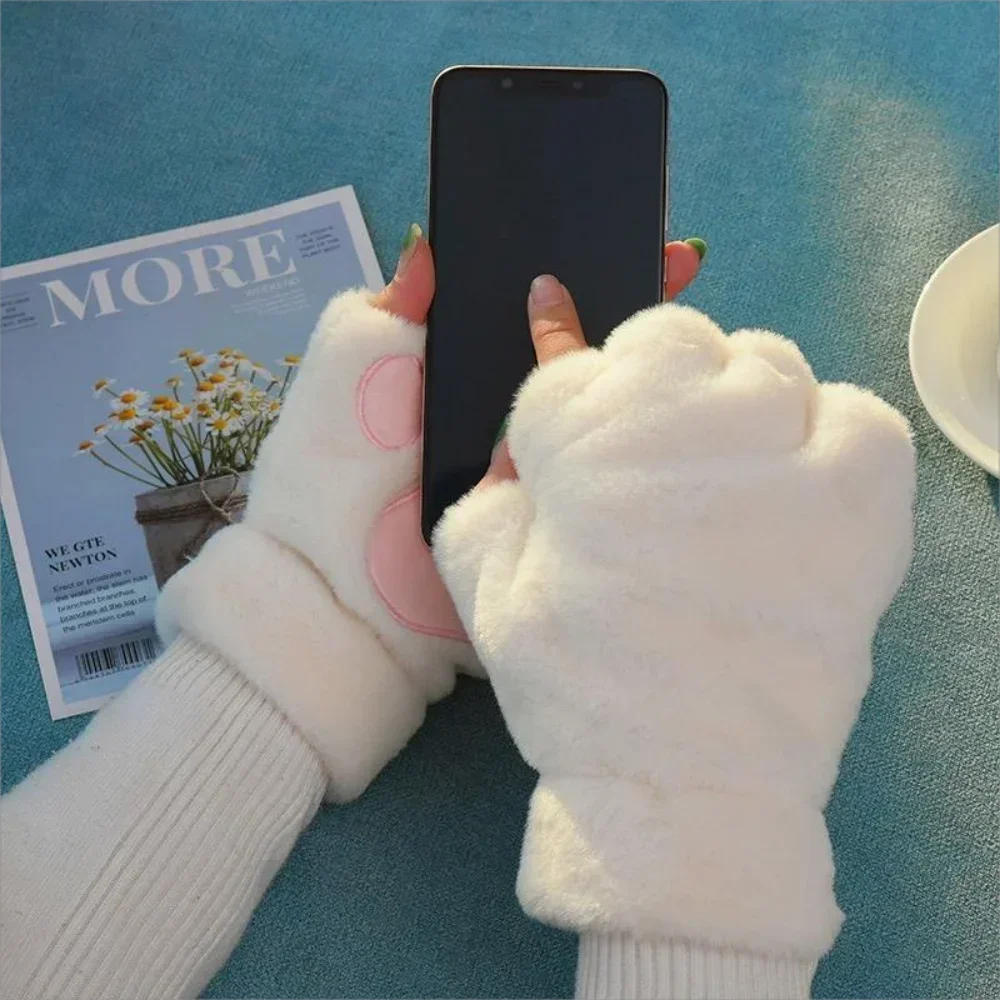 Lovely Plush Cat Claw Paw Gloves Plush Mittens Warm Soft Plush Short Fingerless Fluffy Bear Gloves Costume Half Finger Gloves
