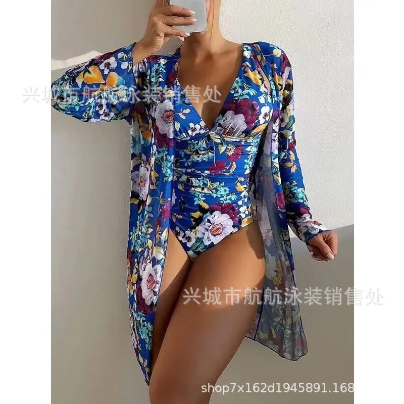 Новинка 2025 года, блузка с длинными рукавами, бикини, цельный облегающий купальник с v-образным вырезом и цветочным принтом, женский купальник со сборкой с открытой спиной