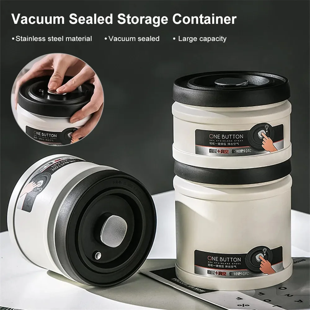 

Coffee Bean Vacuum Sealed Storage 304 Stainless Steel Grain Tea Nut Candy Preservation Box Press Type Kitchen Storage Organizer