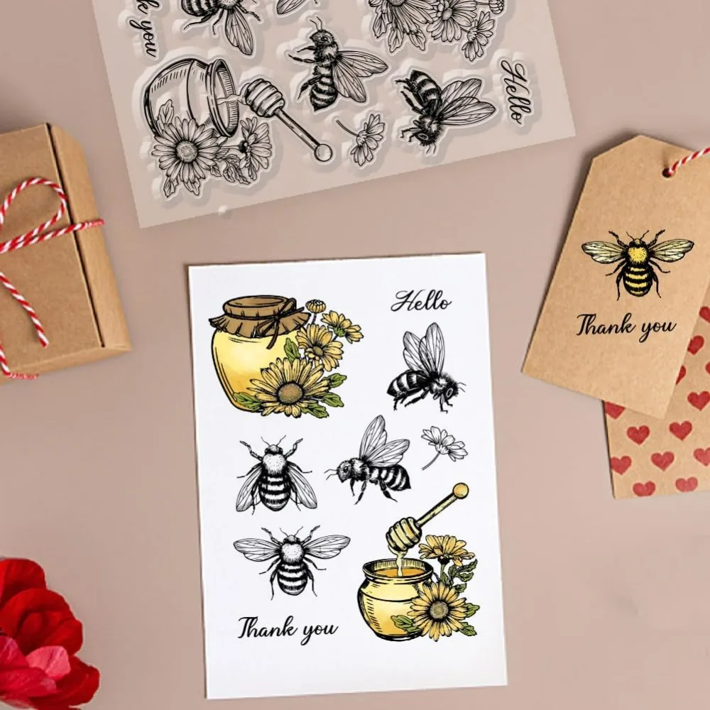 Bees and Honey Jars Clear Stamps for DIY Scrapbooking Daisies Flowers Silicone Clear Stamp Seals Transparent Stamps for Cards