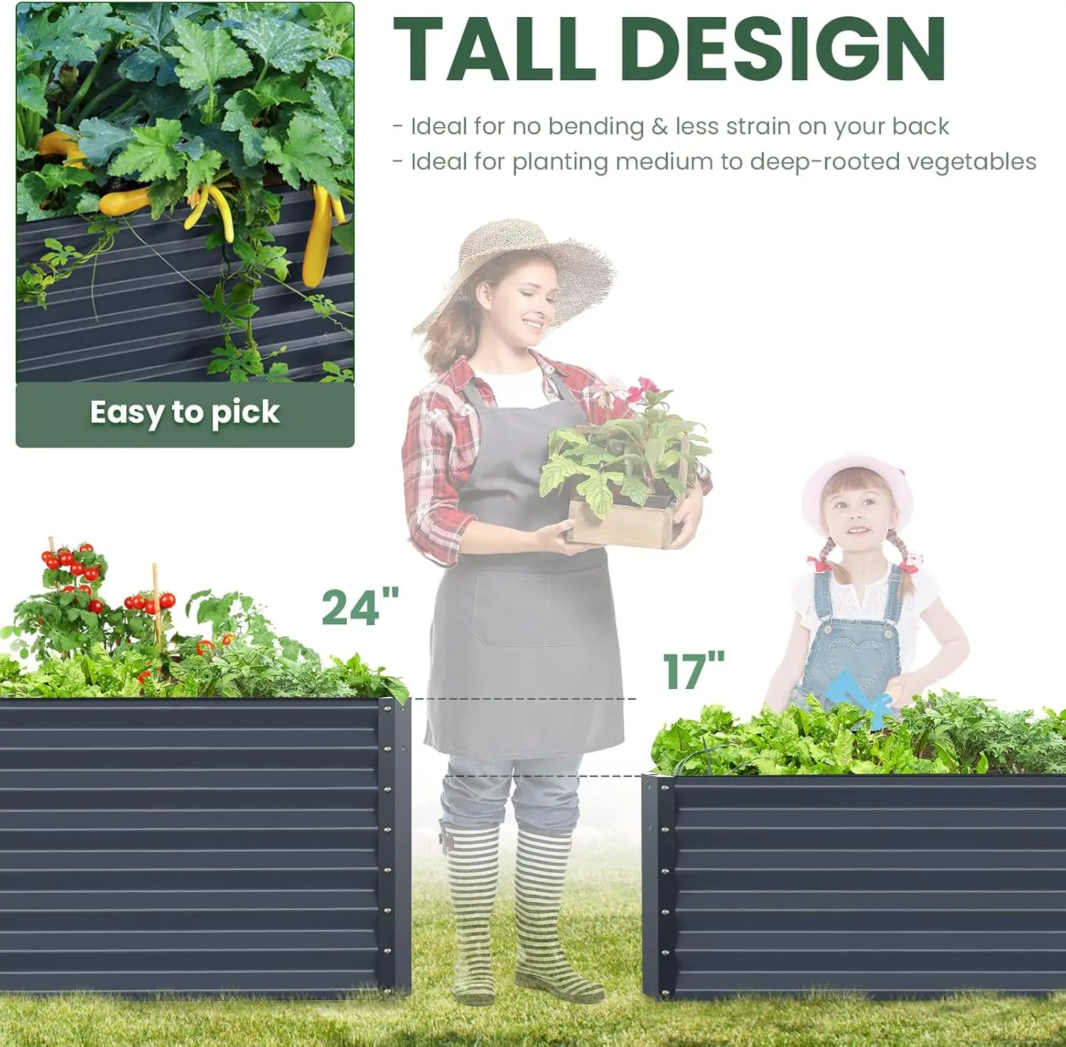 صندوق زراعة سرير الحديقة المرتفع المجلفن للنباتات الخارجية - صناديق حديقة معدنية طويلة جدًا 24 بوصة للخضروات - 48 بوصة × 36 بوصة × 24 بوصة Mi #2
