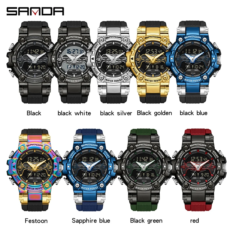 SANDA Top Brand Men Dual Display Quartz Watches Multifunctional LED Digital Electron Men Clock Luminous Waterproof Reloj Hombre