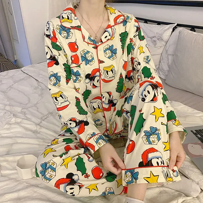 Disney Christmas Mickey Pajamas 2 Piece Set Women Long Sleeve Top Shirts Loose Trousers Sleepwear Cartoon Trend Home ClothesGift