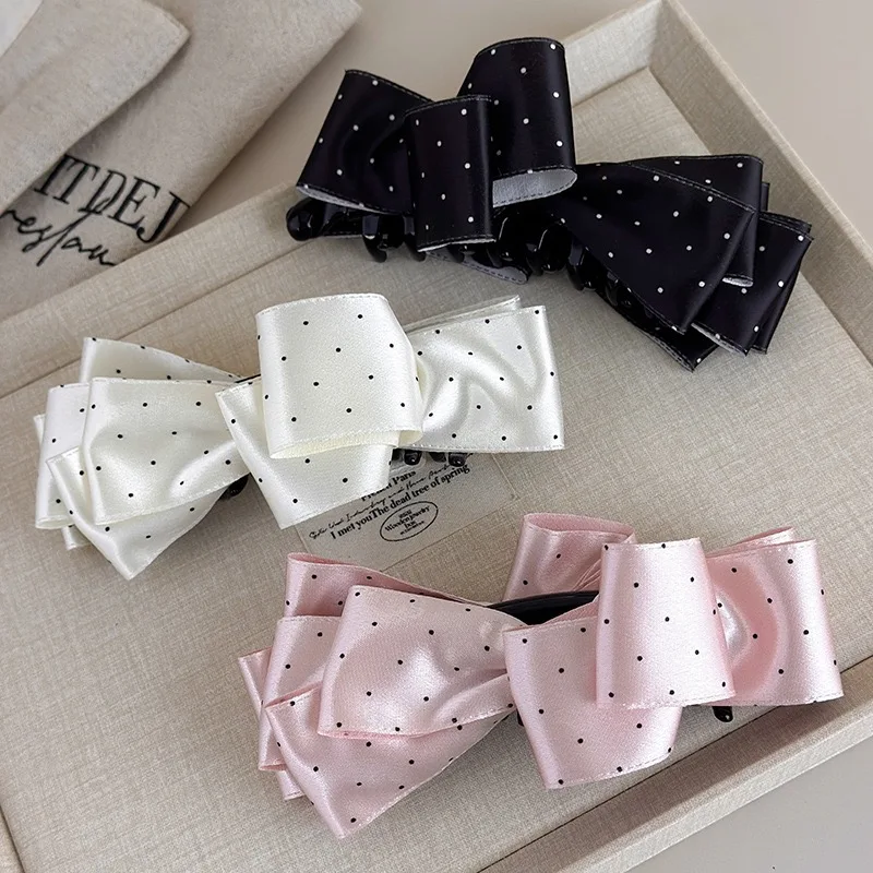 

High-End Polka Dot Satin Bow Banana Hair Clip - A Retro And Elegant Women'S Hair Accessory
