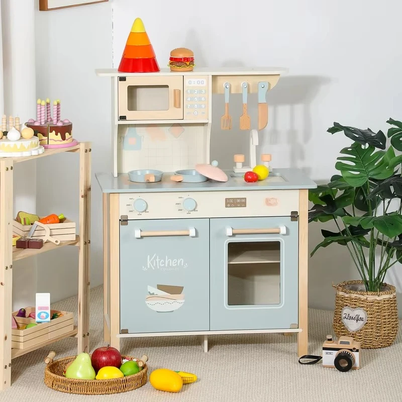 Vegetables Dream Deluxe 3 Years Unisex Bbq Cooking Kitchen Cart Wooden Toy Kitchen Set for Kids & Girls With Play House