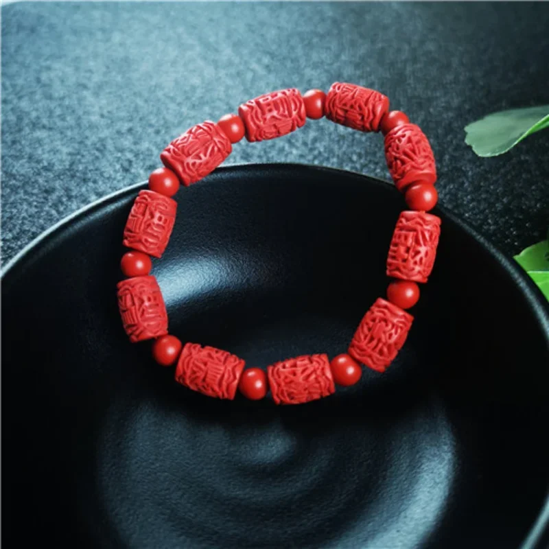 Chinese Red Organic Cinnabar Carving beads Elastic Bracelet Fashion Man Woman Luck Amulet Gifts Jewelry New W9