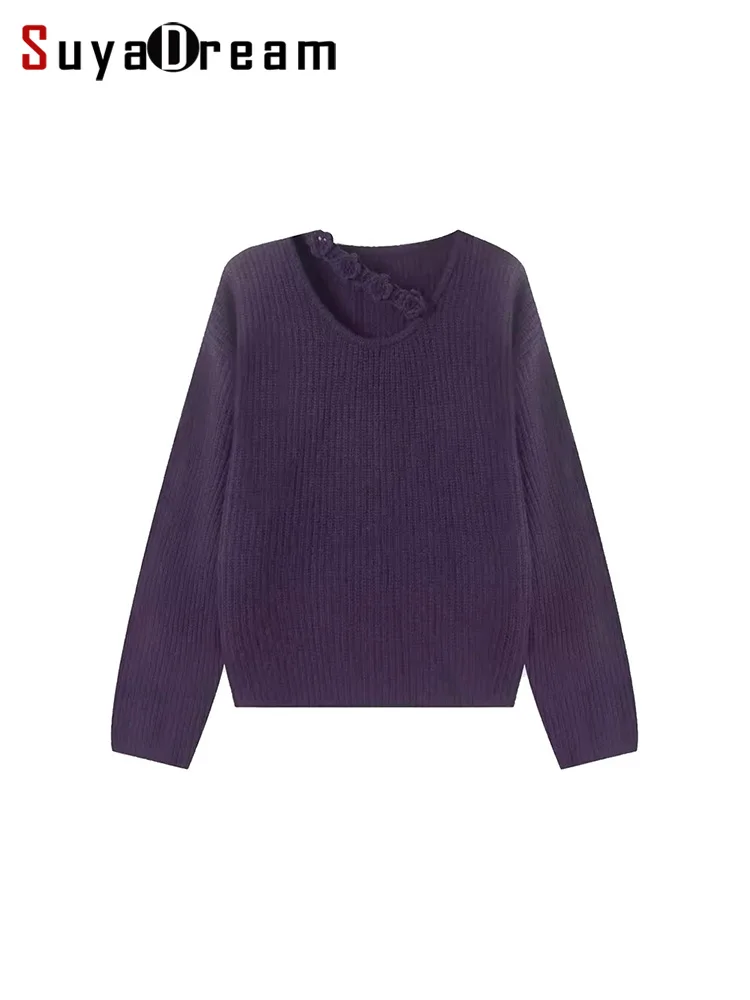 

SuyaDream, Warm Pullovers Woman, Wool Blend, Dropped Sleeved, Purple Loose Sweaters, 2024 Fall Winter Top