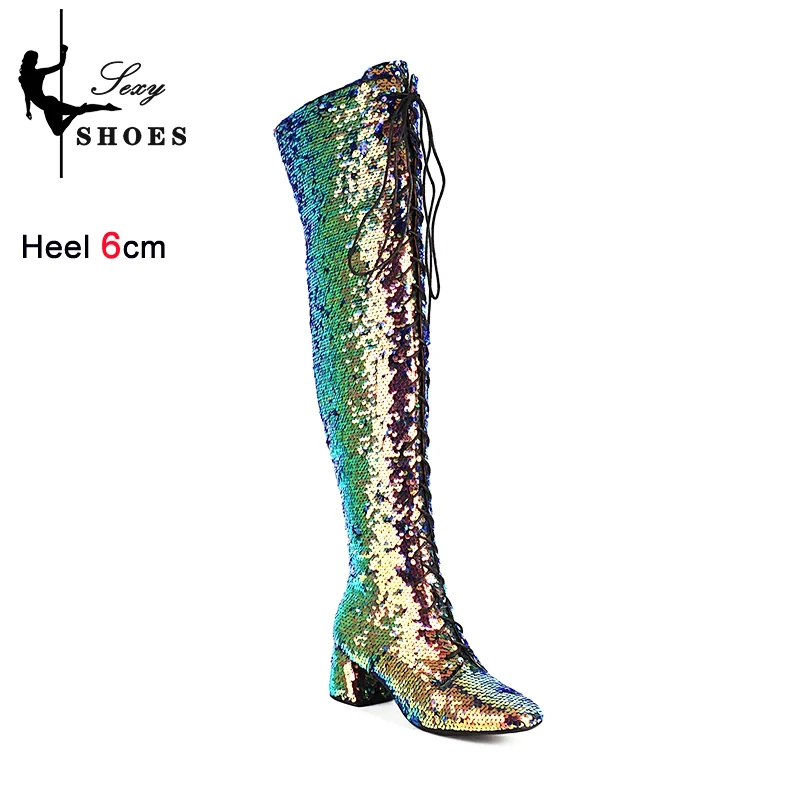 Women Over the knee Sequined Shoes 6CM Chunk Heeled High Heels Night Club Glitter Female Boots Size 33-46 Side Zipper Long Boots