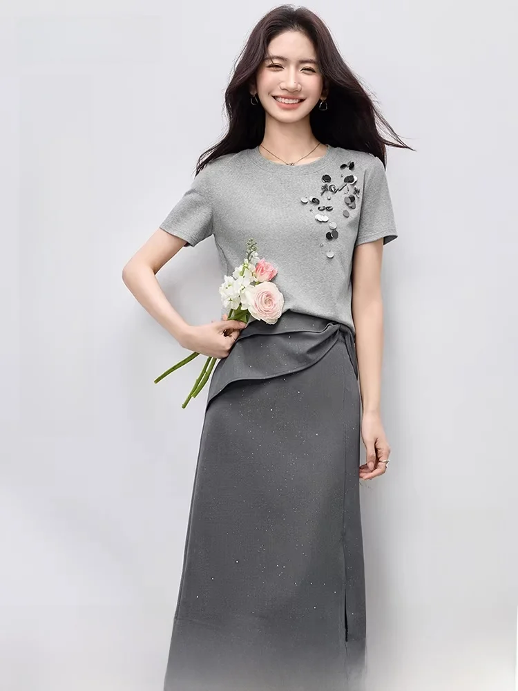 

Commute Set Women's Sequin T-shirt Silver Foil Process Midi Skirt Elegant High-End Feel Two-piece Set Summer Fashion Outfit