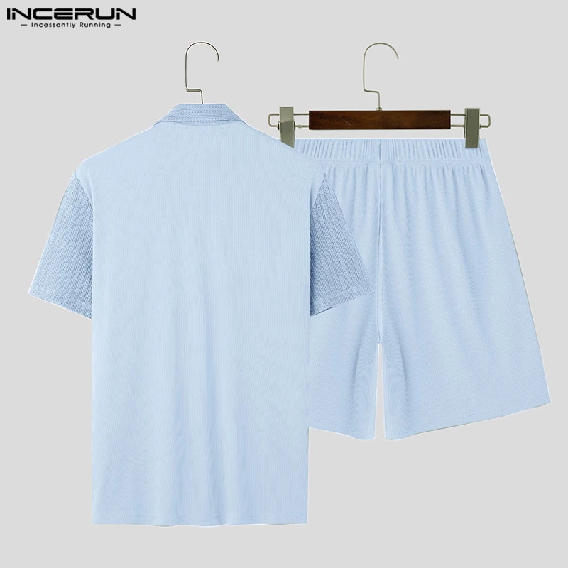 INCERUN Men Sets Patchwork Transparent Lapel Short Sleeve Shirt & Shorts Two Pieces Sets Streetwear Summer 2024 Men Casual Suits