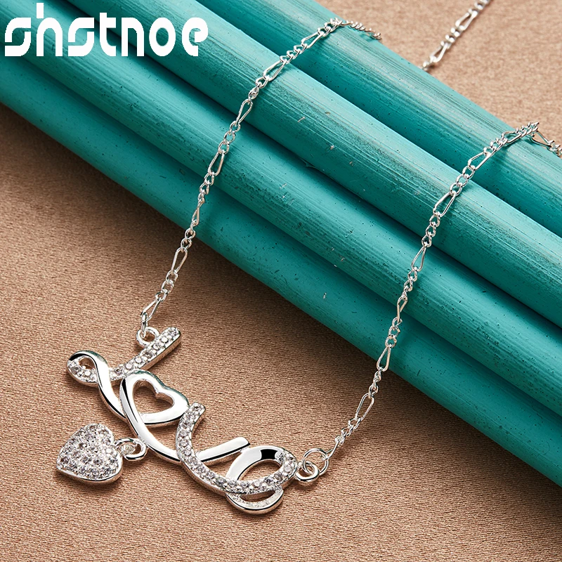 SHSTONE 925 Sterling Silver Heart Love Word Symbol Chain Pendant Necklace For Women Wedding Engagement Charm Fashion Jewelry