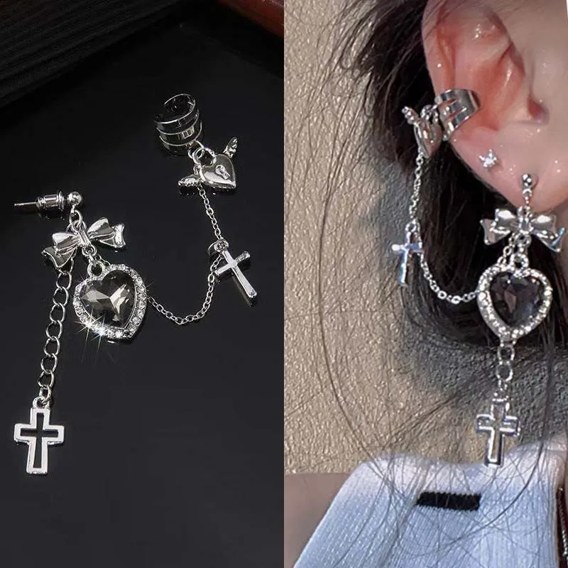 Punk Gothic Black Crystal Heart Cross Chain Ear Cuff for Men Women Hip Hop Metal Cross Ear Clip On Earrings Egirl Jewelry Gift