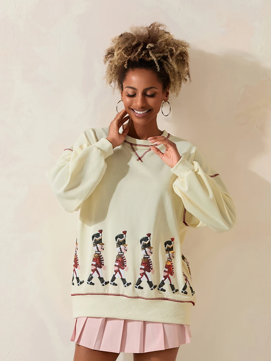 여성용 스팽글 만화 맨투맨, 대비 색상 스티칭, 긴 소매 라운드 넥, 캐주얼 풀오버 상의