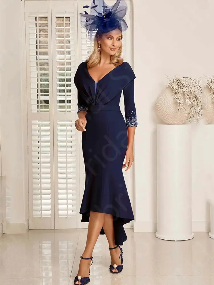 Customized Elegant Navy Blue Mother of the Bride Dresses Mermaid High Low Mother Gowns 2024 V Neck Wedding Party Dress Sequined