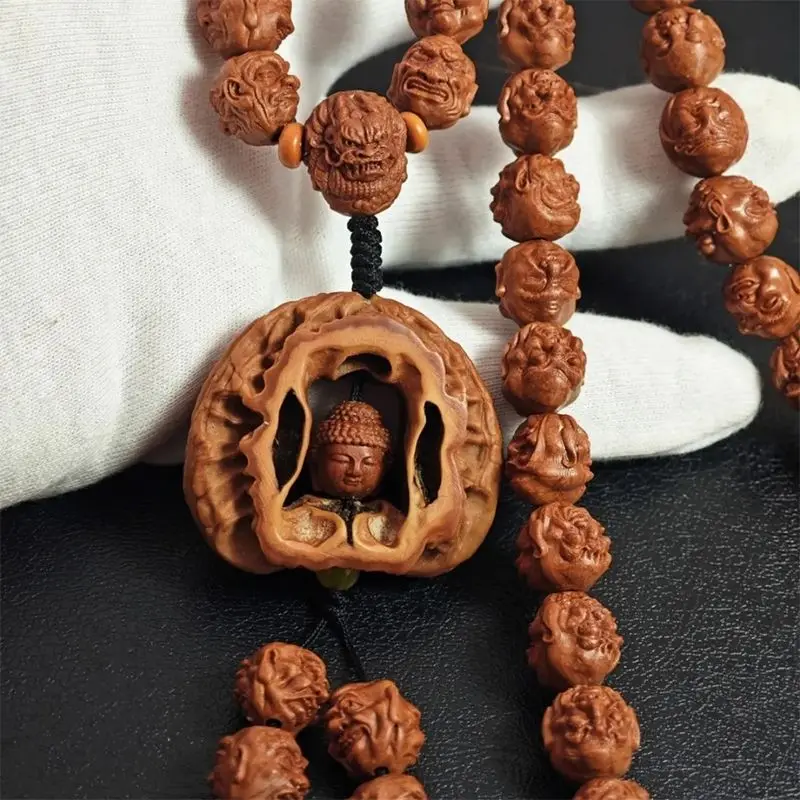 

Long Grain Walnut Necklace Hanging Double-sided 108Pcs Hand Carved Buddha Head Arhat Long String Hanging Text Play Beads Gifts